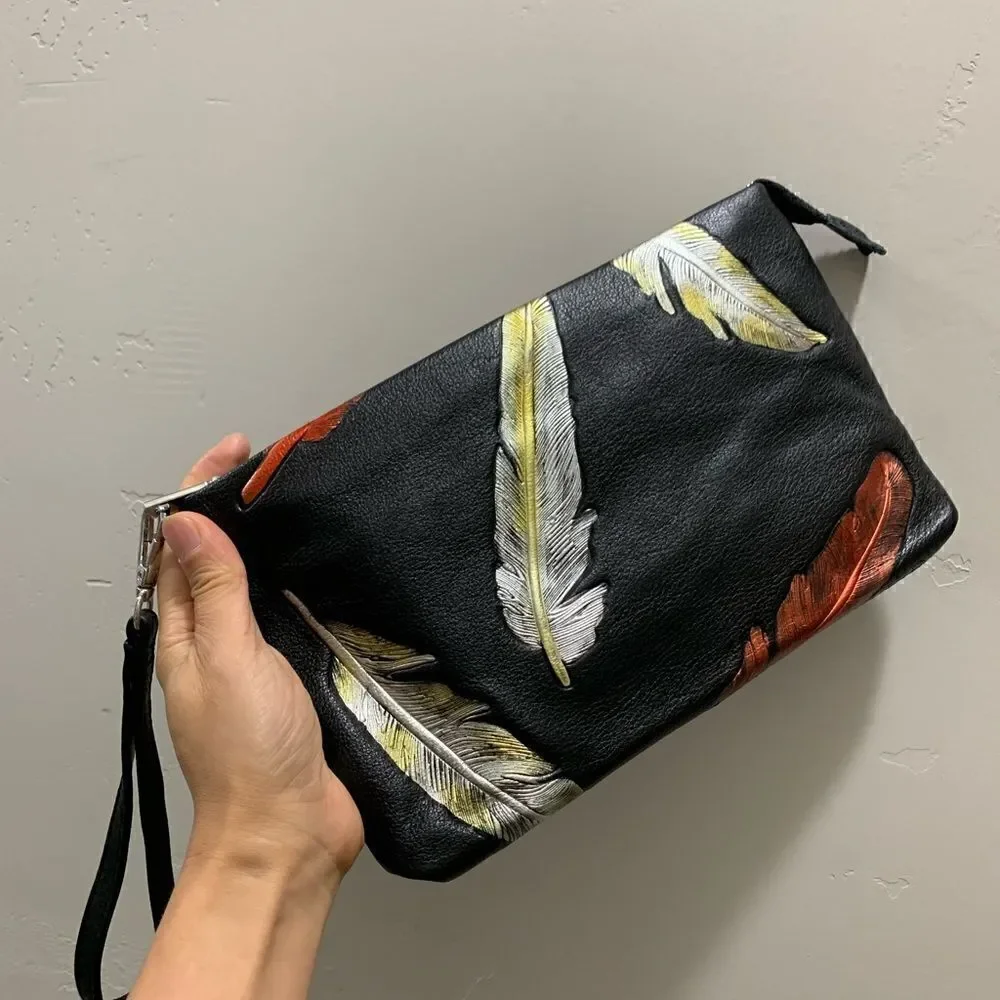 Handmade Genuine Leather Feather Embossed XL Zip Clutch/Wristlet/ Crossbody